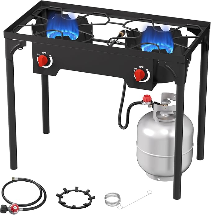 ADREAK 2 Burner Gas Stove, High Pressure Outdoor Propane Burner with Detachable Legs, 150,000 BTU Camping Stove Outdoor Bu...