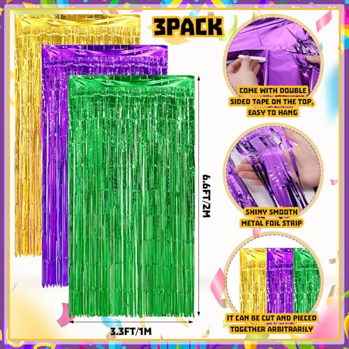 VitalCozy 7pcs Mardi Gras Party Decorations Masquerade Mask Party Banners Purple Green Gold Foil Fringe Backdrop Curtains ...