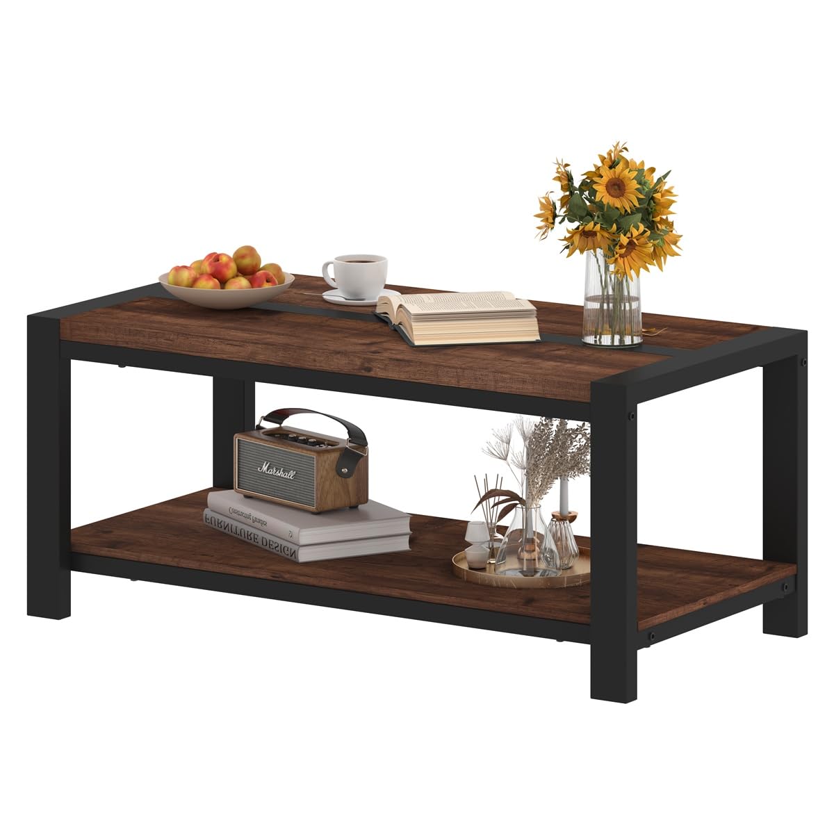 BON AUGURE Coffee Table for Living Room, Industrial Wood and Metal Living Room Tables, Farmhouse Rectangular Center Table (Rustic Oak, 43 Inch)