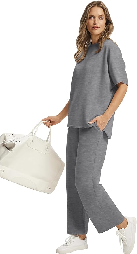 Sampeel Two Piece Sets for Women Summer Outfits Oversized Wide Leg Crop Pants Lounge Sets Airport Beach Vacation Clothes