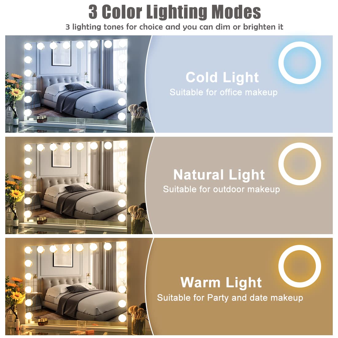 Hansong Vanity Mirror with Lights and Bluetooth Speaker 32"x 22.8" Hollywood Makeup Mirror with 18 LED Bulbs, Large Lighted Mirror with 3 Color Modes, USB Charging, 10x Magnification, Tempered Glass