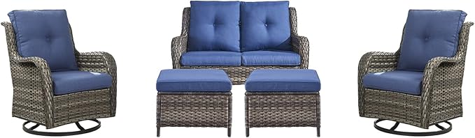 Rilyson Wicker Patio Furniture Set - 5 Piece Rattan Outdoor Sectional Conversation Sets with 2 Rocking Swivel Chairs,2 Ottomans and 1 Loveseat for Porch Deck Garden(Mixed Grey/Blue)