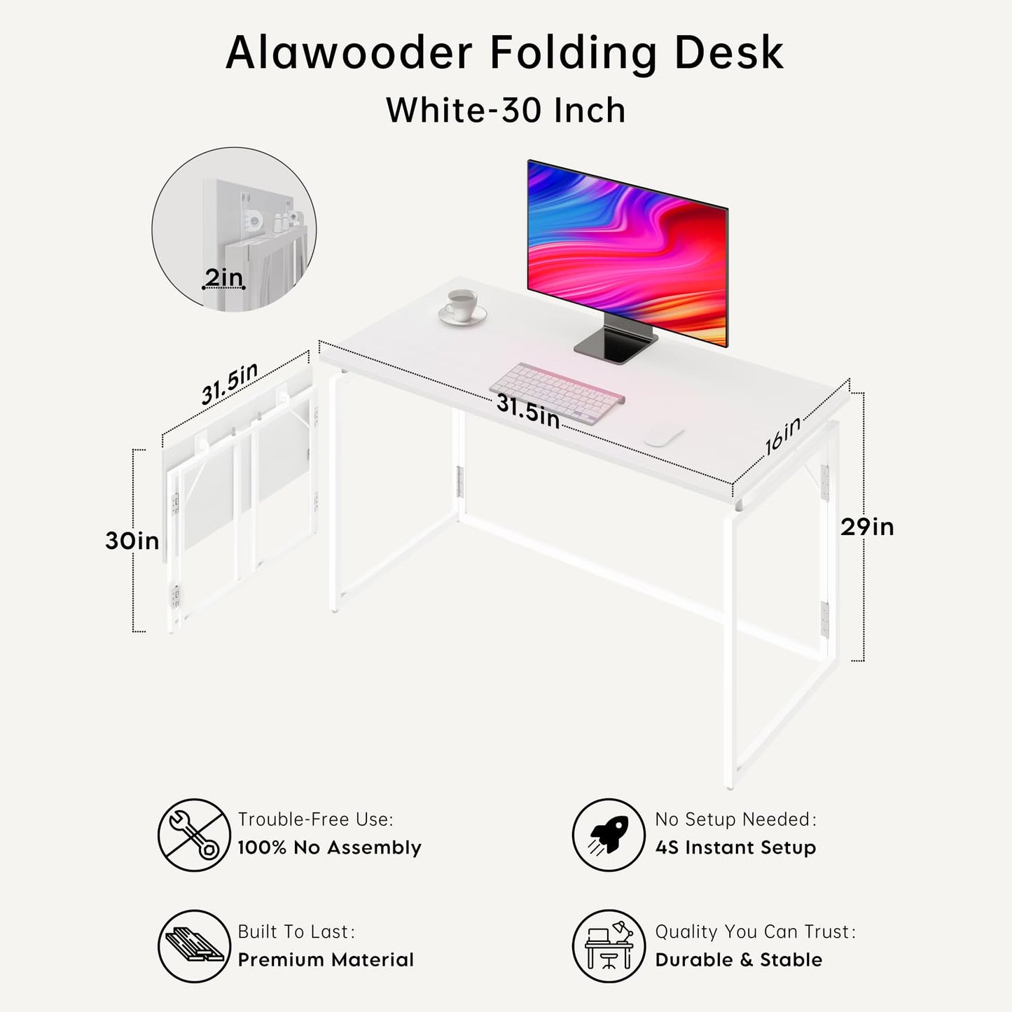 alawooder Folding Desk 30 Inch - Small Foldable Desk for Small Space Minimalist, Space Saving Collapsible Compact Desk Portable Table for Craft, Writing, Study and Work (No Assembly Required)