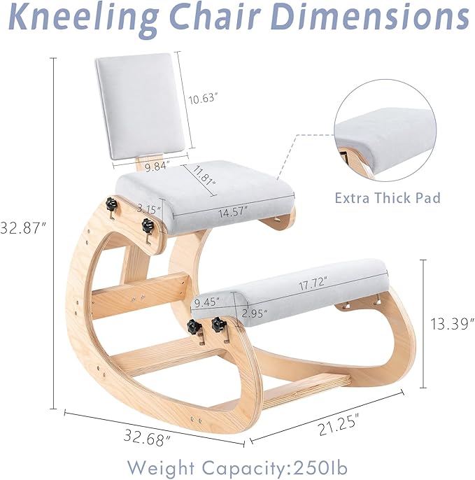VDNEND Ergonomic Kneeling Chair with Back Support,Wooden Kneeling Chair Desk for Work, Rocking Office Kneel Chairs for Relieve Back Pain, Kneeling Posture Chairs for Gaming,Home (Light Gray)