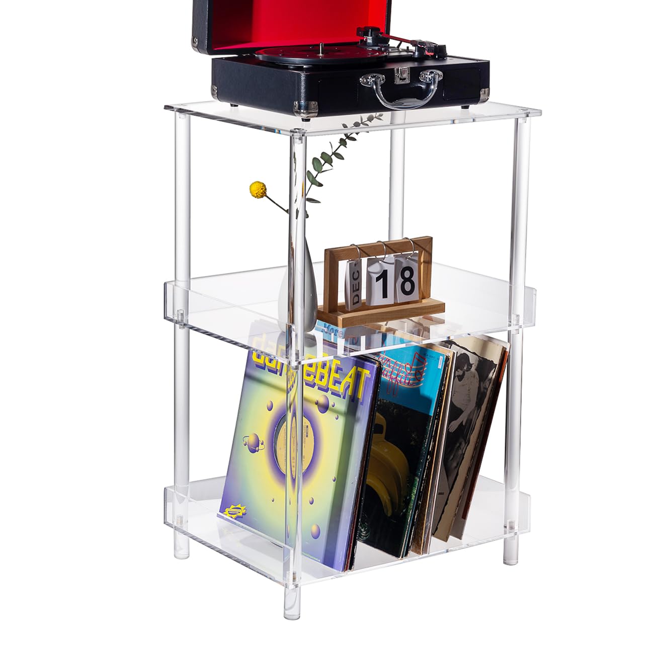 Antilope 18x14 Acrylic Record Player Stand with Vinyl Storage, 3 Tiers Large Turntable Stand Holder Up to 200 Albums, Record Player Table Cabinet Organizer for Living Room Bedroom Corner (Clear)