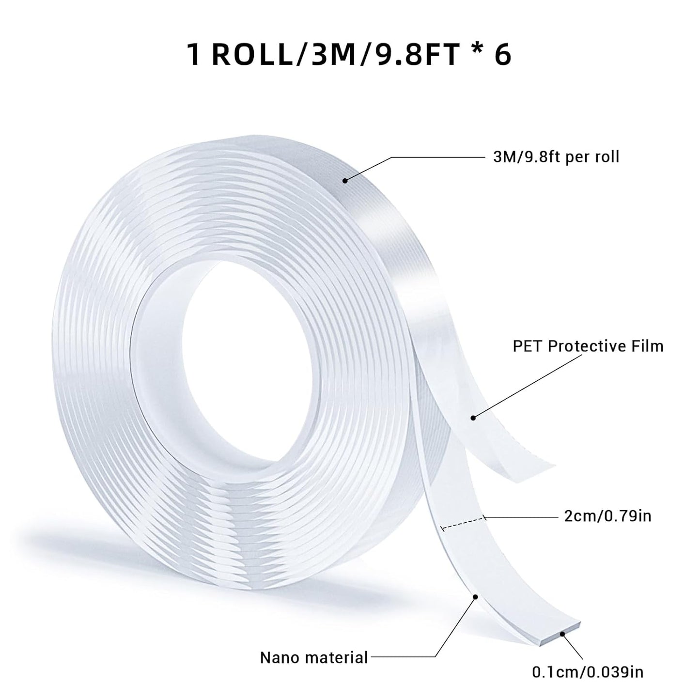 Double Sided Tape, Nano Tape, Transparent Adhesive Tape, Traceless Adhesive Tape, Removable, Washable, Reusable, Suitable for Carpets, Photo Walls, 3m Per Roll, 6 Rolls
