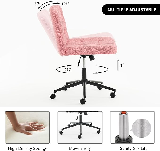 Furnimart Swivel Criss Cross Legged Chair with Wheels for Home Office, Wide Armless Desk Chair Height Adjustable Comfy Seat for Desk,Vanity, Bedroom, Faux Fur Pink