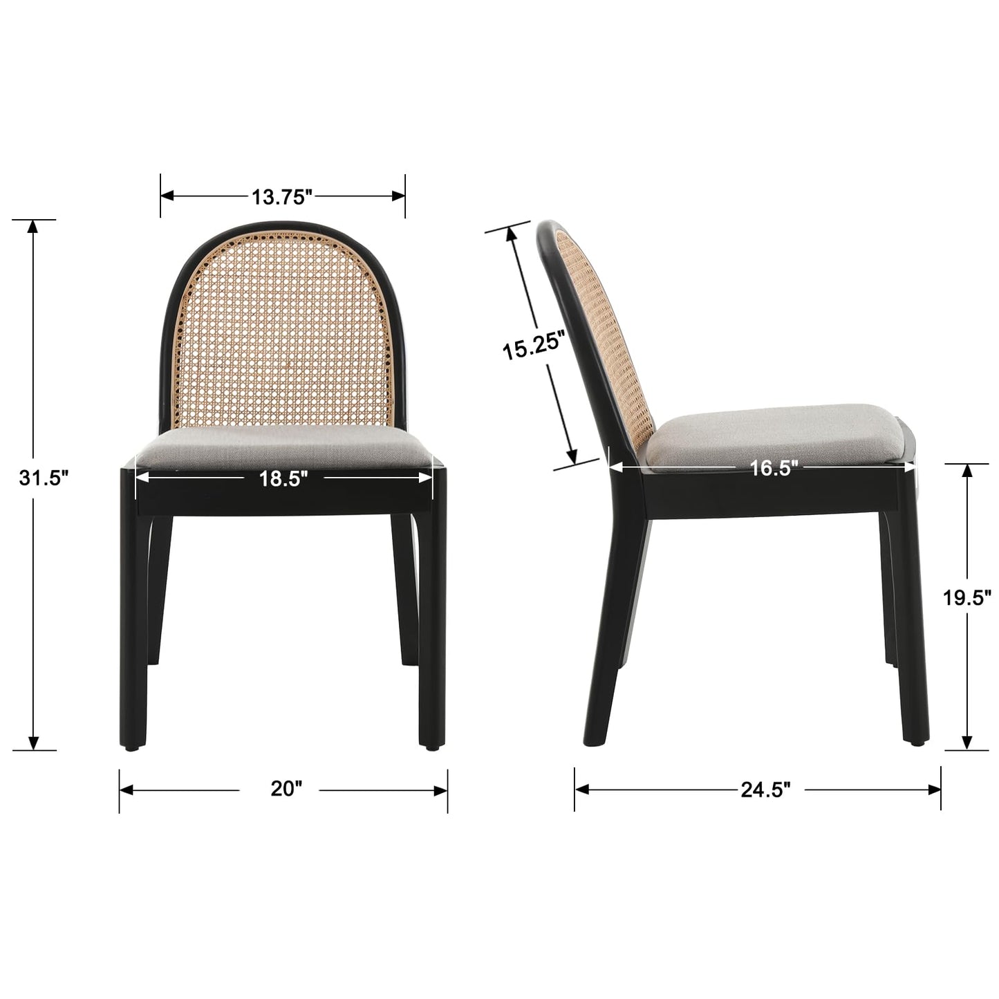 DUOMAY Mid-Century Modern Rattan Dining Chairs Set of 4, Wooden Dining Room Chair with Cane Backrest and Padded Seat, Grey Linen Upholstered Dining Chair, Black Finish