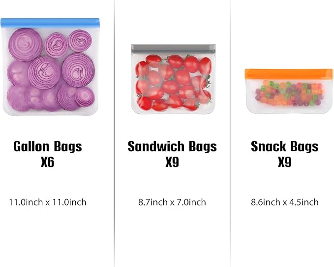 Lerine 24 Pack Dishwasher Safe Reusable Bags Silicone, Extra Thick Leakproof Reusable Freezer Bags, BPA Free Food Storage Bags for Lunch Meat Veggies (6 Gallon 9 Snack 9 Sandwich Bags)