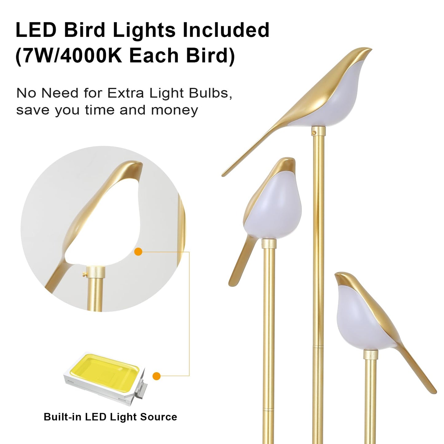 Gold Floor Lamp for Living Room With Shelves - Modern Mid Century Standing Light With 3 Adjustable LED Bird Lights, Corner Tall Lamp With Table, Brass Stand for Bedroom Kids Room