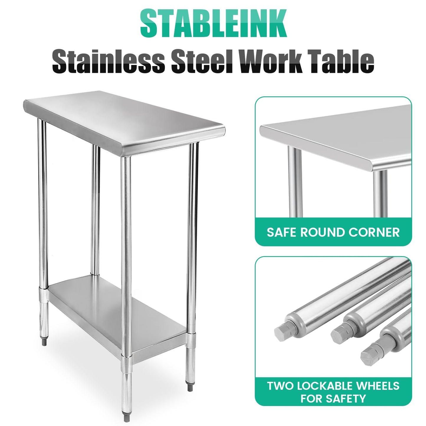 STABLEINK NSF Stainless Steel Table 30 x 12 Inches, Metal Prep & Work Table with Adjustable Undershelf, for Commercial Kitchen, Restaurant, Hotel and Garage，Small Tables