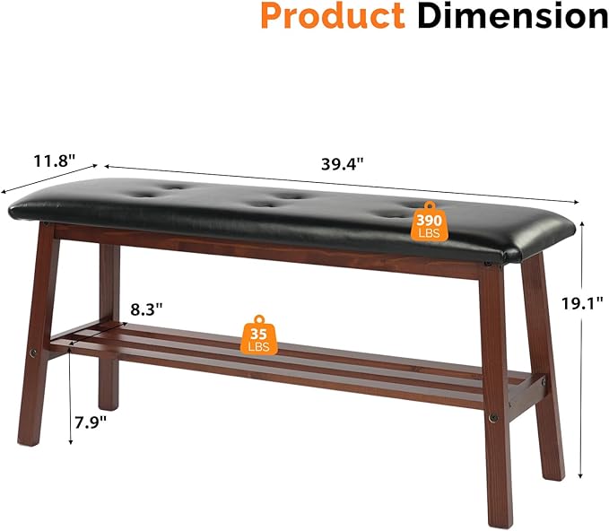 VINGLI Padded Solid Wood Dining Bench 39" Wooden Bench for Entryway, Bedroom, Kitchen & Living Room, with Shoe Rack Storage, Walnut