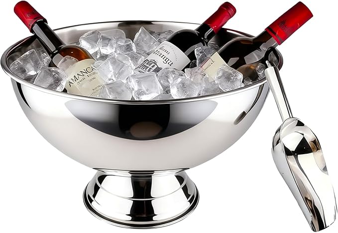 Large Ice Bucket 13L Stainless Steel Champagne Bowl Ice Bucket with Ice Scoop Semicircle Drink Tub with Integrated Base Si...