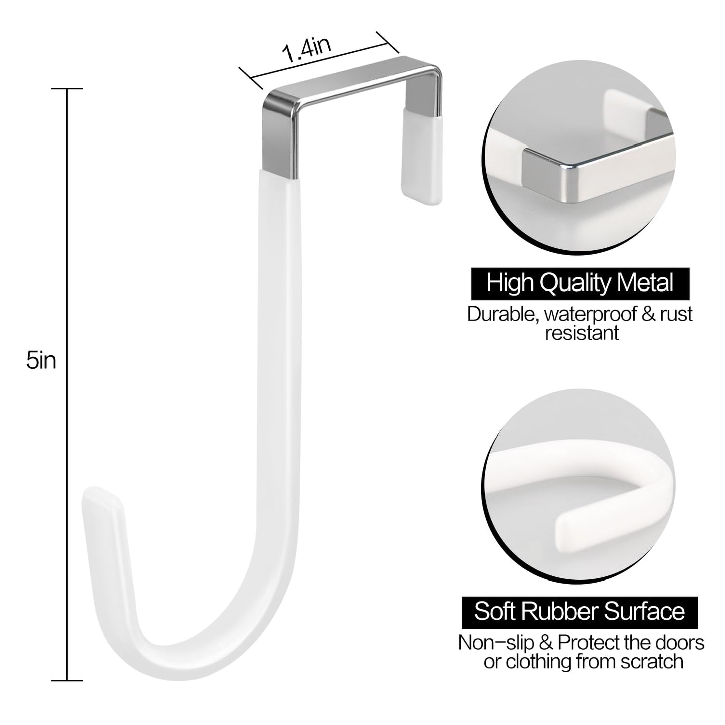 4 Pack Over The Door Hooks, Fits Doors Less Than 1.4in Thick, White Rubber Surface Prevent Scratch Door Hanger Hooks for Bathroom, Living Room, Kitchen, Hanging Clothes, Towels, Bags
