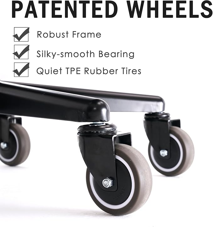 WUDOYO Adjustable Rolling Shop Stool with Tool Bags, Black Padded Seat, TPE Wheels, Real Backrest, Easy Handrail (Bending Work Seat Height(16-21"))