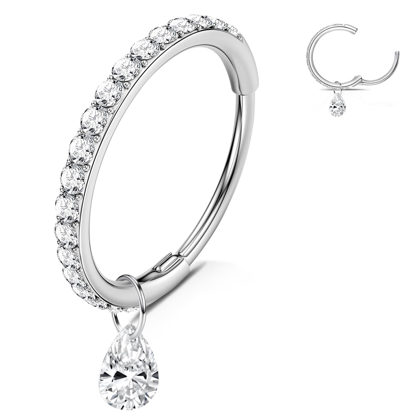 WBRWP 316L Stainless-Steel Hinged Nose Rings Hoop : Womens and Mens Ear Pierecing Dangle Ring with Zircon 18G(1.0mm) Septum Clic