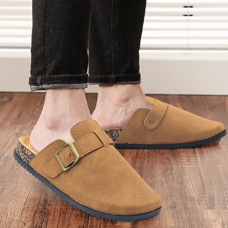 Suede Clogs for Women PU Sandals Cork Footbed Slip-on Slippers Indoor Outdoor Cute Sandals Classic Adjustable Buckle Beige