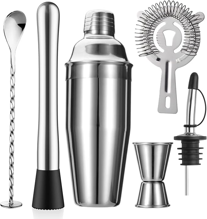 ZPUFAW 6-Piece Cocktail Shaker Set 24oz Shaker Strainer Muddler Jigger Mixing Spoon Pour Spout Bartender Kit Stainless Ste...