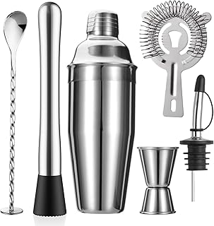 ZPUFAW 6-Piece Cocktail Shaker Set 24oz Shaker Strainer Muddler Jigger Mixing Spoon Pour Spout Bartender Kit Stainless Ste...