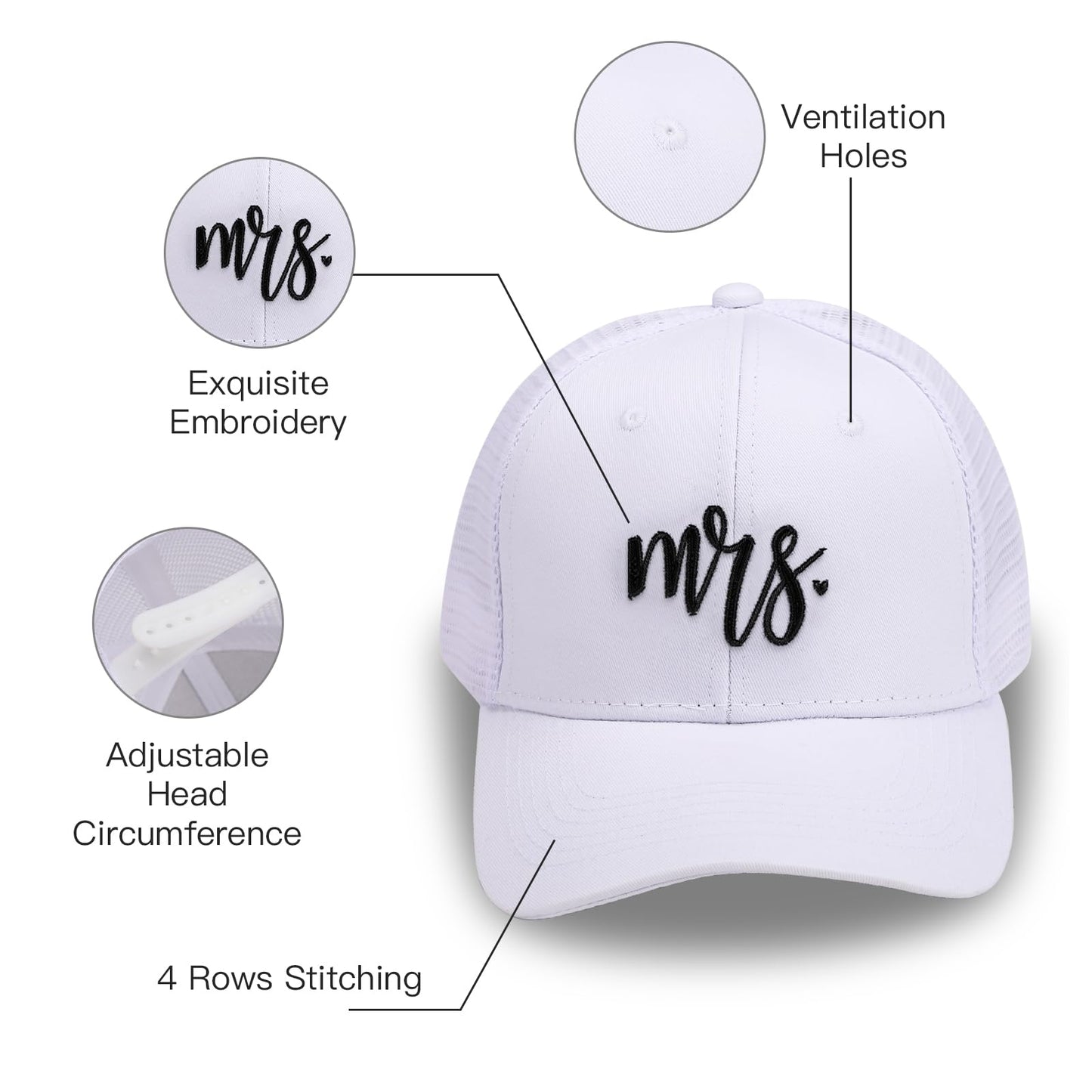 Mr and Mrs Hats for Newlywed Couple -Embroidered Breathable mesh Hats for Women Men, Unique Gift for Wedding, Engagement, Honeymoon White