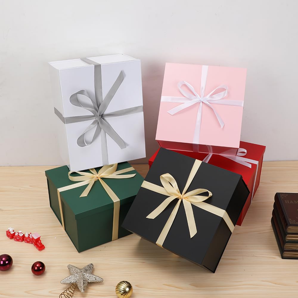 UoeRing 1Pcs Red Extra Large gift box with lids 13×13×7 Inches gift boxes for presents,Birthday Box (include Ribbon, Paper Shred Filler Gift Card & Envelopes)