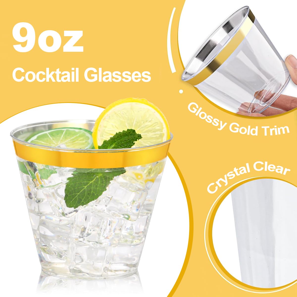 Upigi 100 Pcs Gold Plastic Cups,9Oz Gold Rimmed Plastic Cups,Heavy Duty Gold Rim Clear Disposable Plasitc Cocktail Tumblers Wine Cup for Party,Wedding,Birthday,Christmas