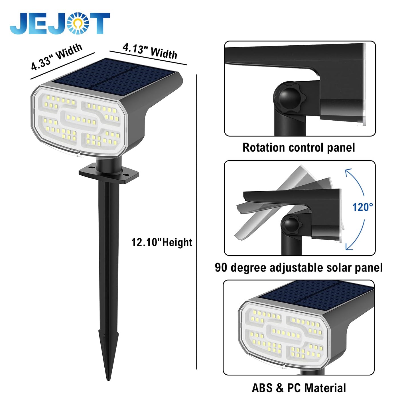 JEJOT Solar Lights Outdoor Waterproof IP65, Super Bright LED, 6500K 2 Lighting Modes, Solar Powered Yard Garden Solar Spot Lights for Outside Landscape Auto On/Off -2 Pack