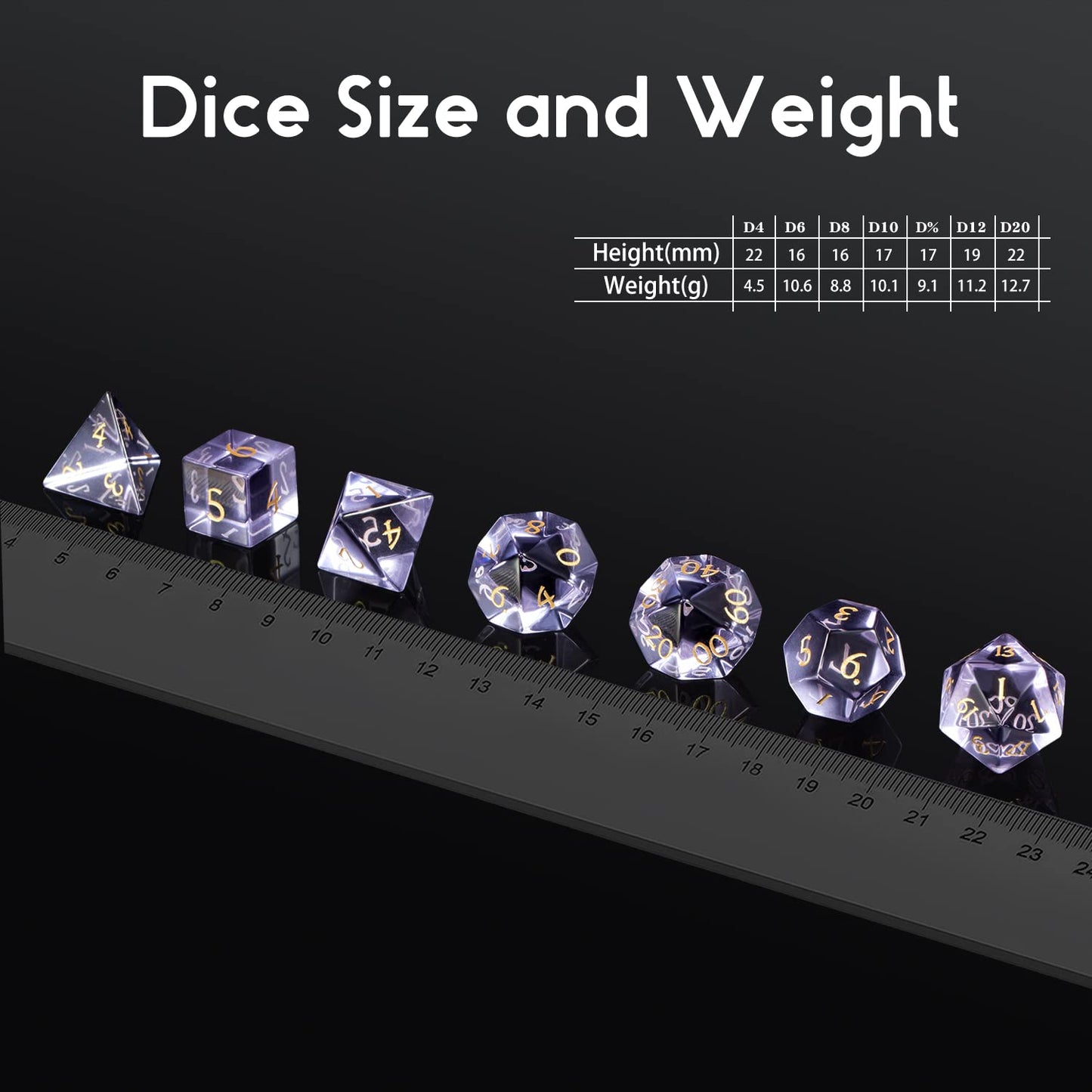D&D Dice DNDND 7 Piece Zircon Glass Dice Set with Great Gift Box for Dungeons and Dragon DND Tabletop Game (Purple Glass with Gold Num)