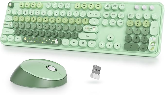 Wireless Keyboard and Mouse Set, Retro Typewriter Keyboards, 2.4GHz Full Size 104-Key Cute Keyboard with Number Pad, Colorful Keyboard with Round Keycaps for Windows PC Laptop(Light Green)