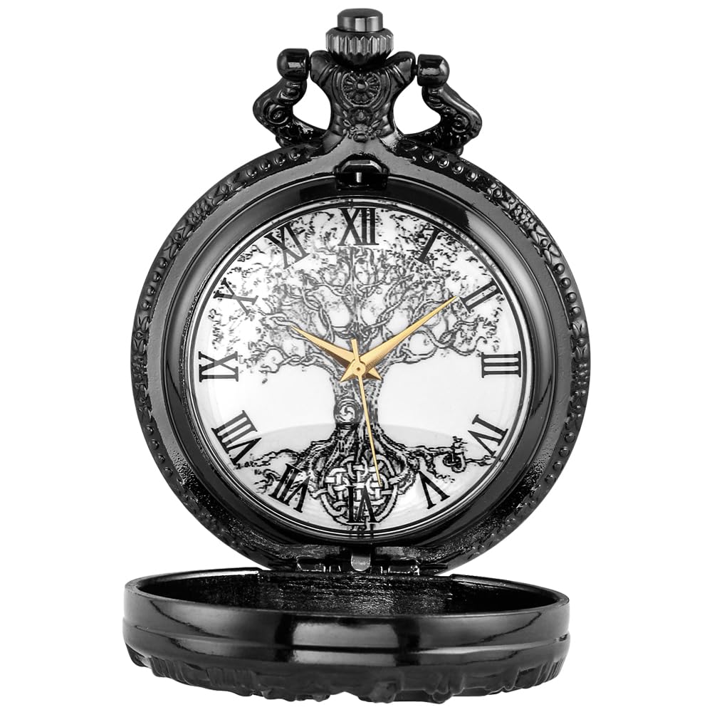 Tiong Pocket Watch Hollow Tree Design Roman Numerals Quartz with Chain Birthday Gifts(Black)