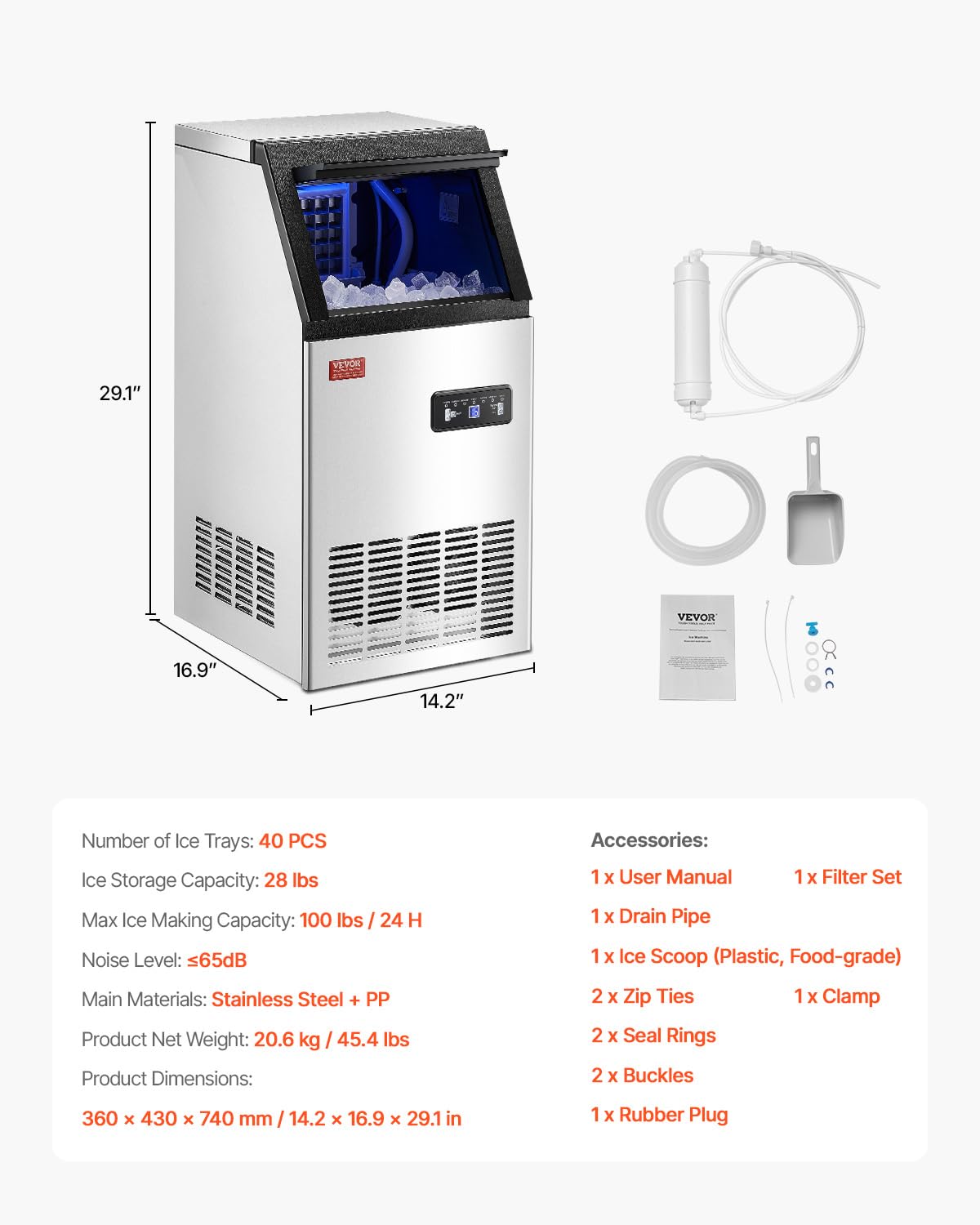 VEVOR Commercial Ice Maker, 100lbs/24H Ice Maker Machine with 28lbs Storage Capacity, 40 Ice Cubes in 15 Minutes, Freestanding Ice Maker for Bar Home Office Restaurant, LED Display, Self-Cleaning