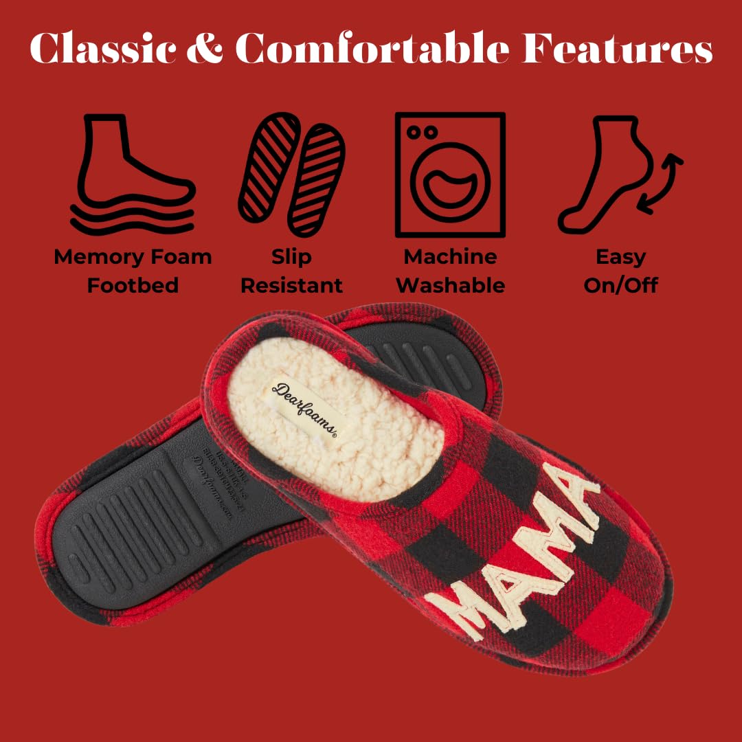 Dearfoams Women's Gifts for Mom Cute Cozy Mothers Day Mama Bear Slipper, Buffalo Plaid, 9-10
