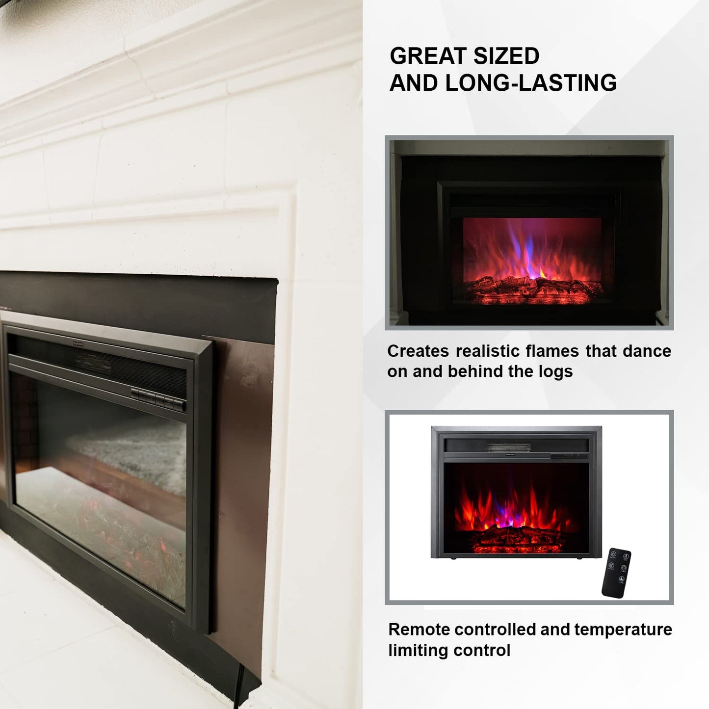 XBrand 28 Inch Insert Electric Fireplace Heater with Remote Control, LED Rolling Flame Effect, and Temperature Limiting Control, Glass and Steel Indoor, Black