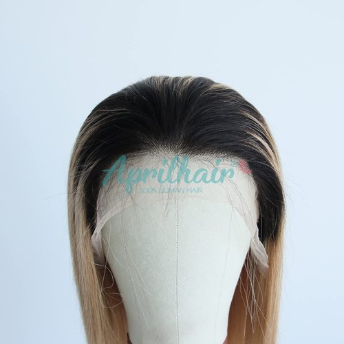 Aprilhair Pre-plucked Ombre #1B/27 Dark Root Honey Blonde Ear To Ear Lace Front Wigs Straight Glueless 150% Density Brazilian Virgin Human Hair With Baby Hair Full (14" inch, Lace Front Wig Straight)