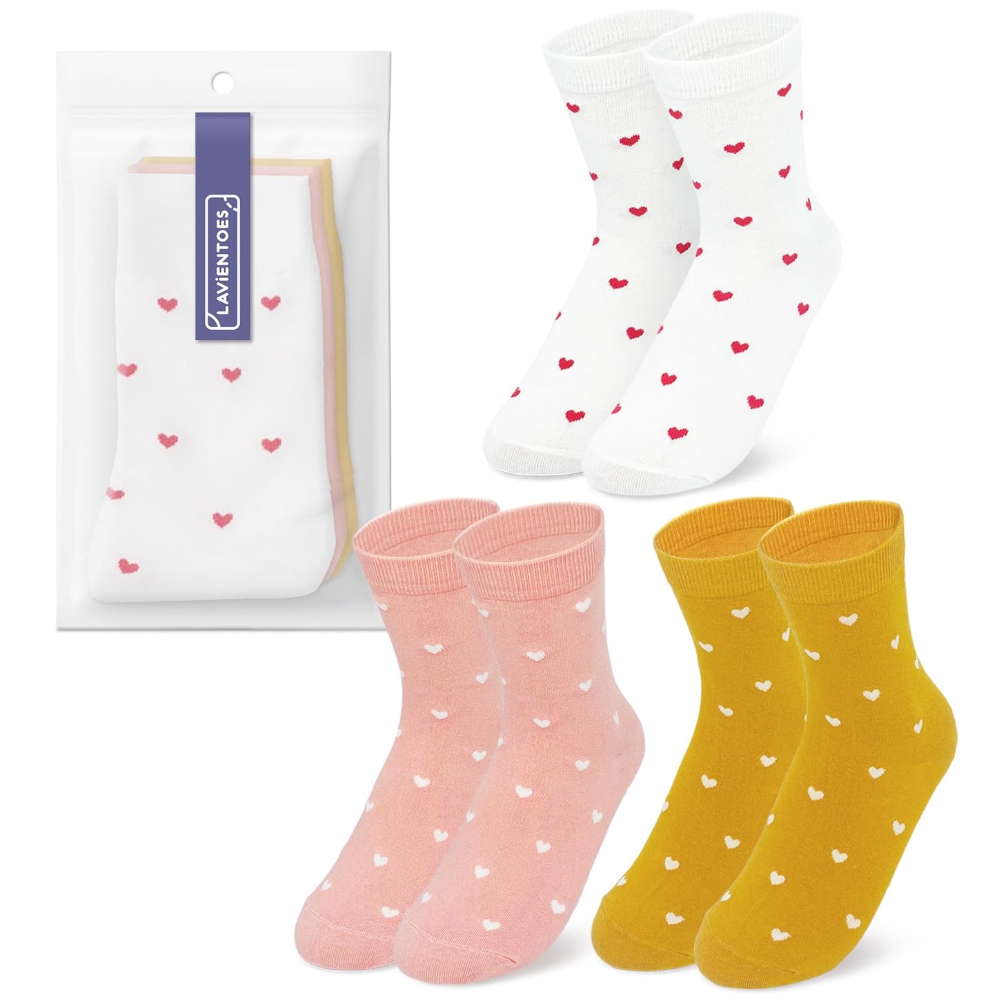 LAVIENTOES Women’s Cute Heart Pattern Crew Socks – 3 Pairs Colorful Novelty Gift Set – Soft Cotton Cozy Socks for Casual Wear