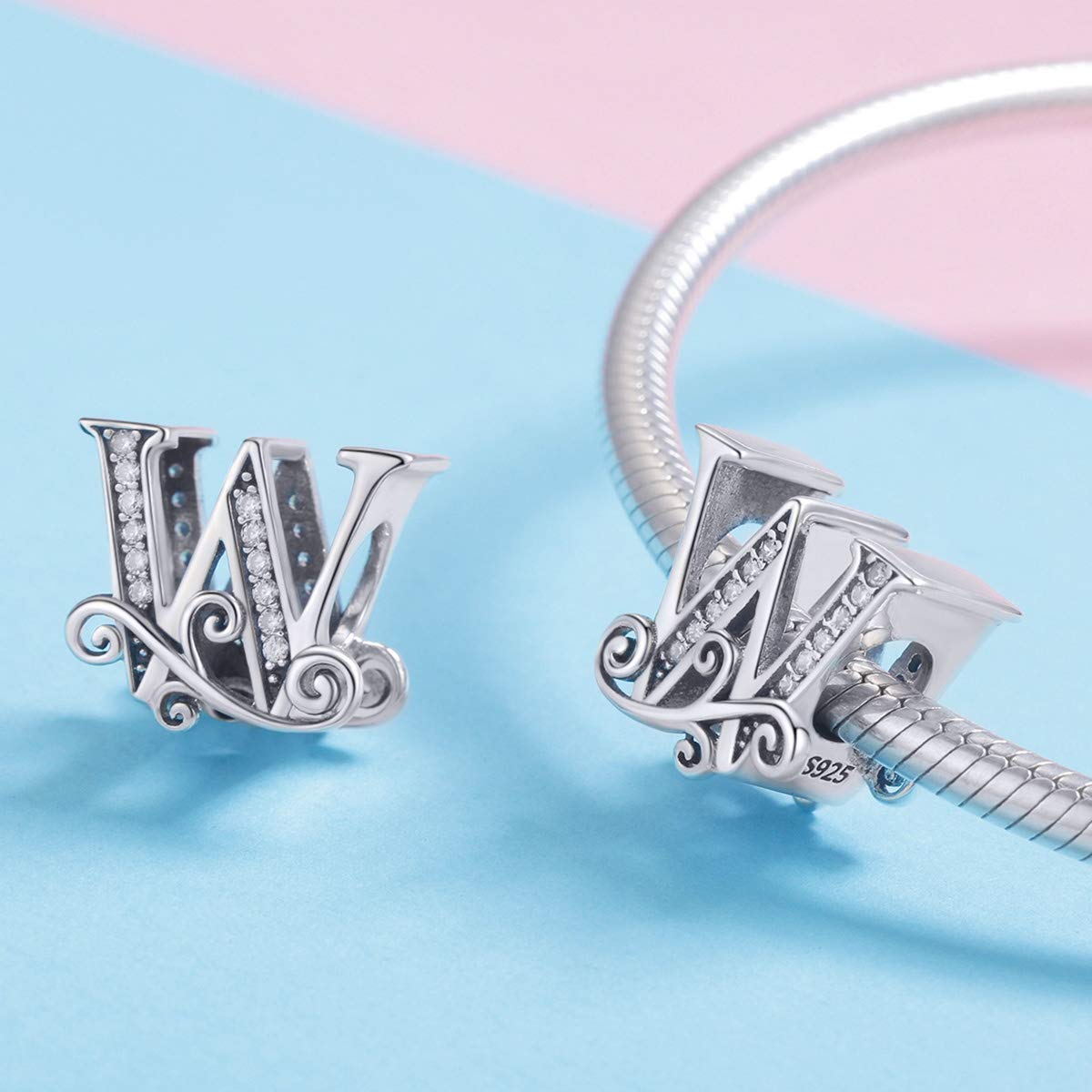 BISAER 925 Sterling Silver Initial Letter W Charms for Bracelets Alphabet Beads Charm Jewelry Gifts