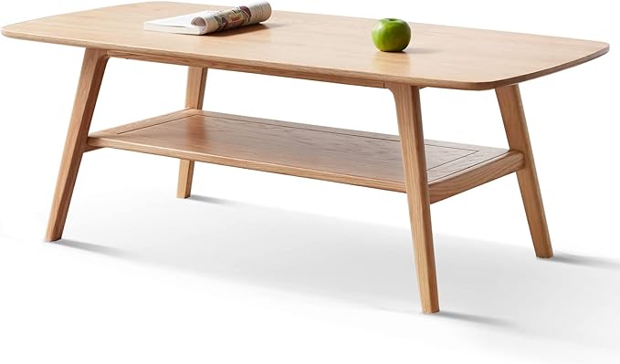 QKFF Modern Solid Wood Coffee Table, 2-Tier Small Wooden Coffee Table with Storage Shelf for Living Room, Apartment, Office, Natural (48''D x 22''W x 18''H)