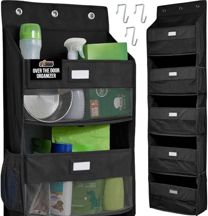 GORILLA GRIP Large Capacity Closet Organizer, 5 Deep Shelves, Holds 50lbs, Over the Door Organizers 6 Mesh Pockets, Shelf Storage for Clothes Crafts Dorm Essentials, 3 Metal Hooks, 58x15 Inches, Black