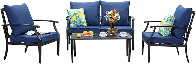 SunloungeCo 4-Piece Patio Furniture Set, Wider Outdoor Metal Seating Sofa with High Back & Loveseat, Coffee Table, All Weather Metal Conversation Set for Backyard, Poolside, Deck-Navy