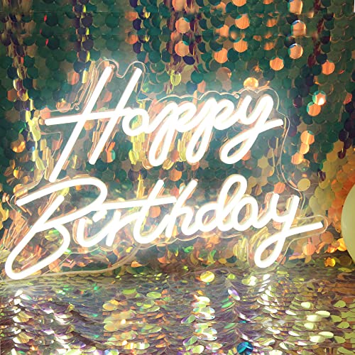 STRTT LED Neon Happy Birthday Sign Night Light Birthday Party Decorations White USB Operated Decorative for Backdrop Party...
