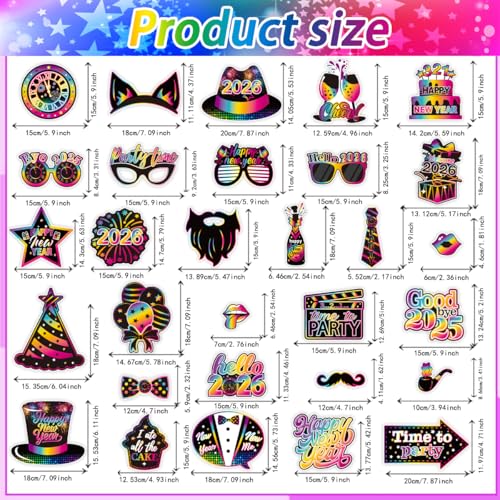 30 Pcs Happy New Year Photo Booth Props, 2026 Glitter Selfie Photo Booth Props Set for New Year Party Decor