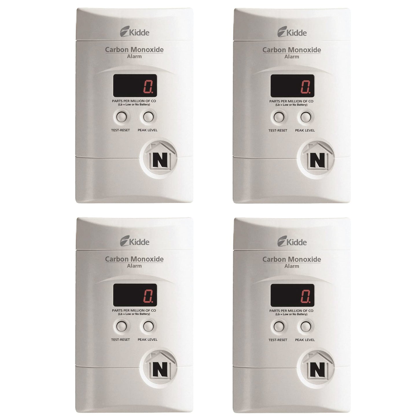 Kidde Carbon Monoxide Detector, Plug In Wall with 9-Volt Battery Backup, Digital LED Display - 4 Pack