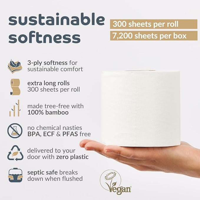 Bumboo Bamboo Toilet Roll 24 Pack | Toilet Paper 3 ply, 300 Sheets | Plastic-Free, Soft, Strong, Sustainable & Biodegradable Toilet Tissue