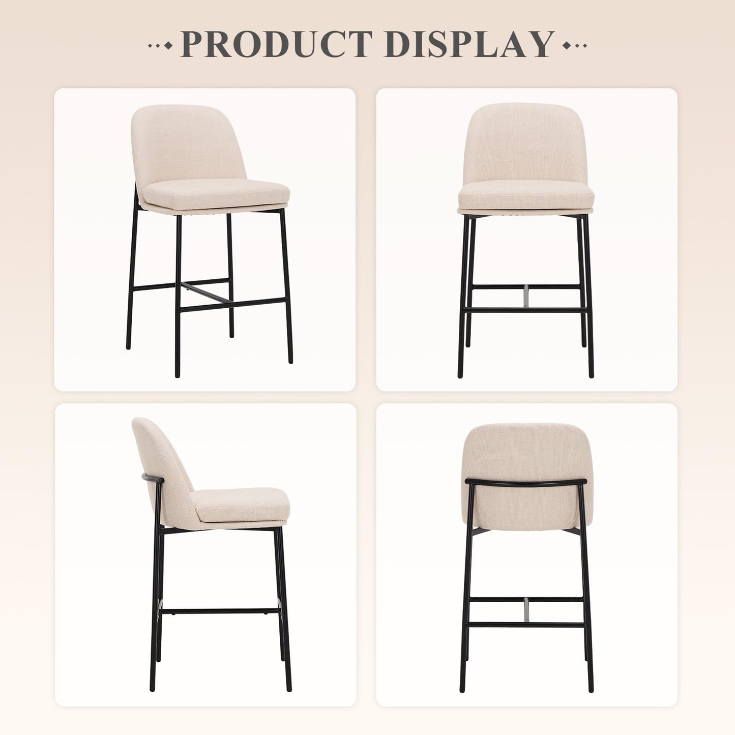 MALOL Bar Stools Set of 4, Modern Upholstered Counter Height Bar Chairs with Cushioned Seat and Curved Back, Fabric Kitchen Island Stools with Sturdy Metal Legs for Dining Room Island Bar, Beige