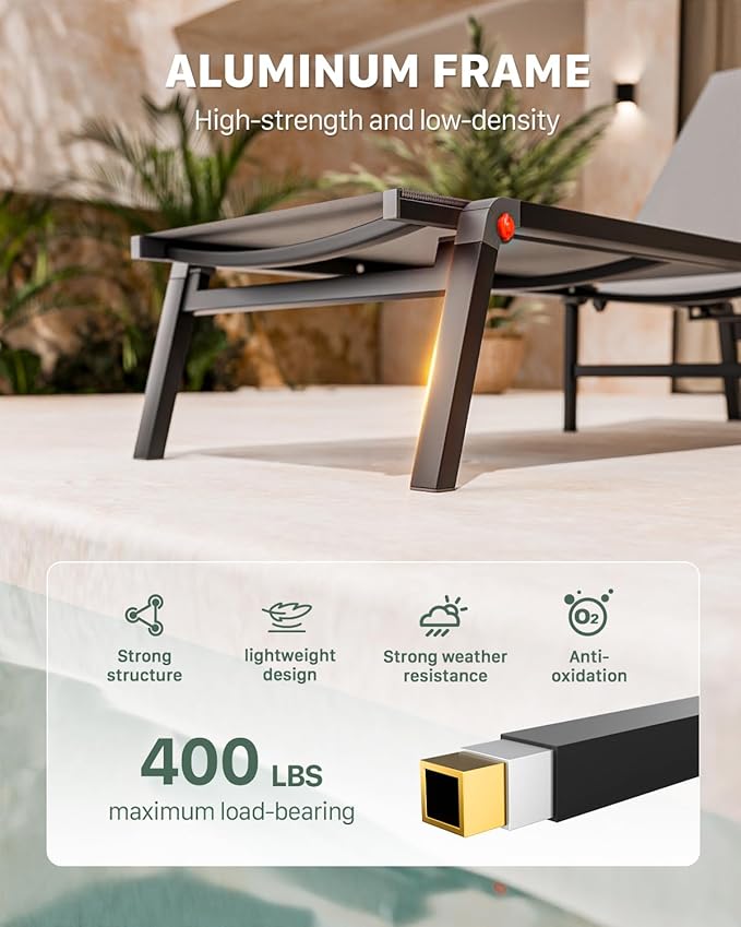 WOAJNQO Aluminum Patio Chaise Lounge Chair Set of 2 with Side Table,5-Position Adjustable Backrest,Foldable Lounge Chair Outdoor,Pool Lounge Chairs for Poolside,Lawn,Deck,Beach (Grey, 2 Pack+Table)