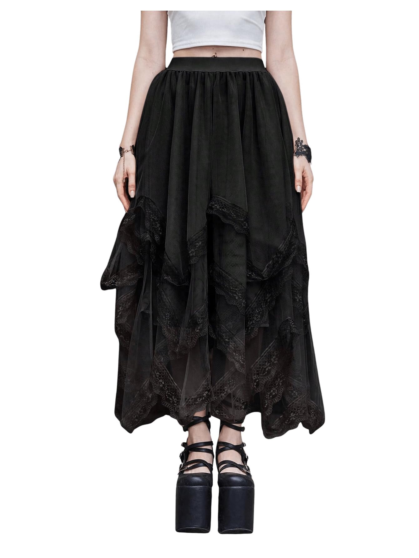SHENHE Women's Lace Trim Layered Mesh Tulle Skirt High Waist Asymmetrical Long Goth Skirt Black S