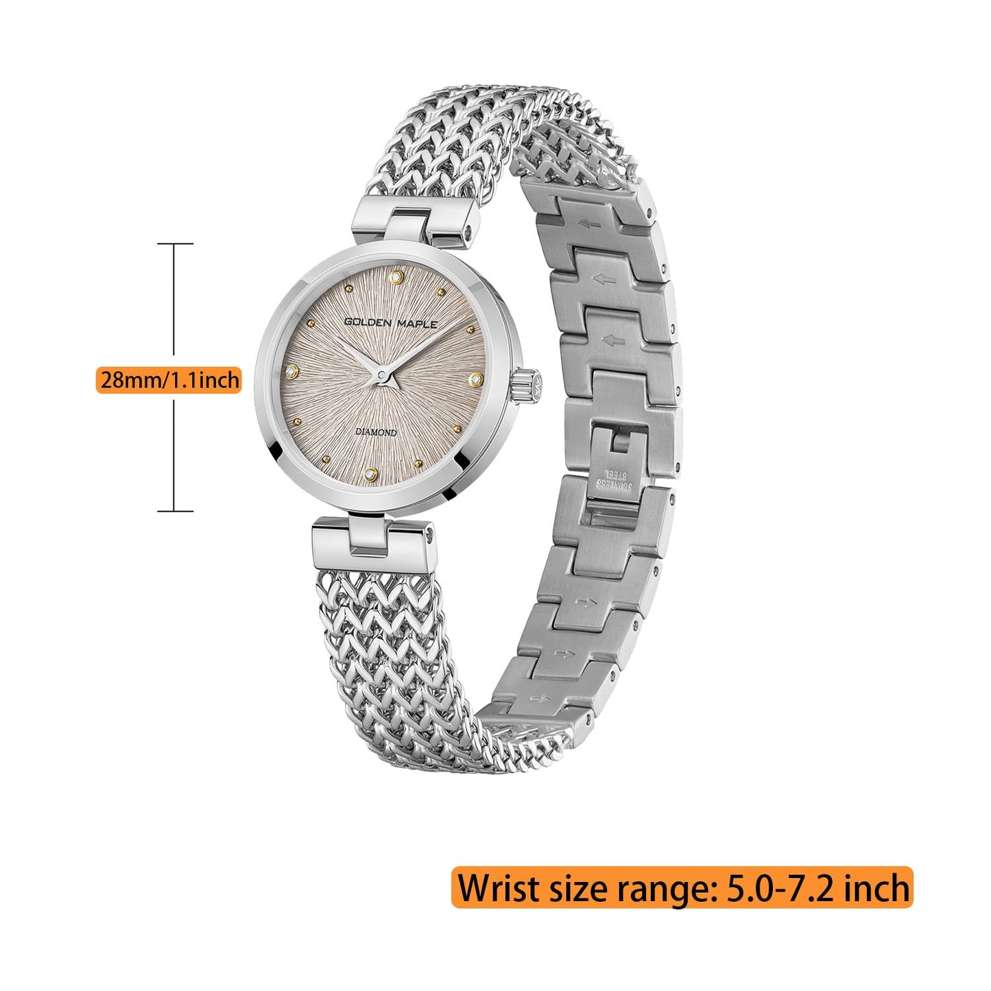 GOLDEN MAPLE Dainty Silver Watch for Women: Gray Embossed Dial with Diamond Time Markers, Adjustable Bracelet and Stylish Gift Watch Box (Gray)