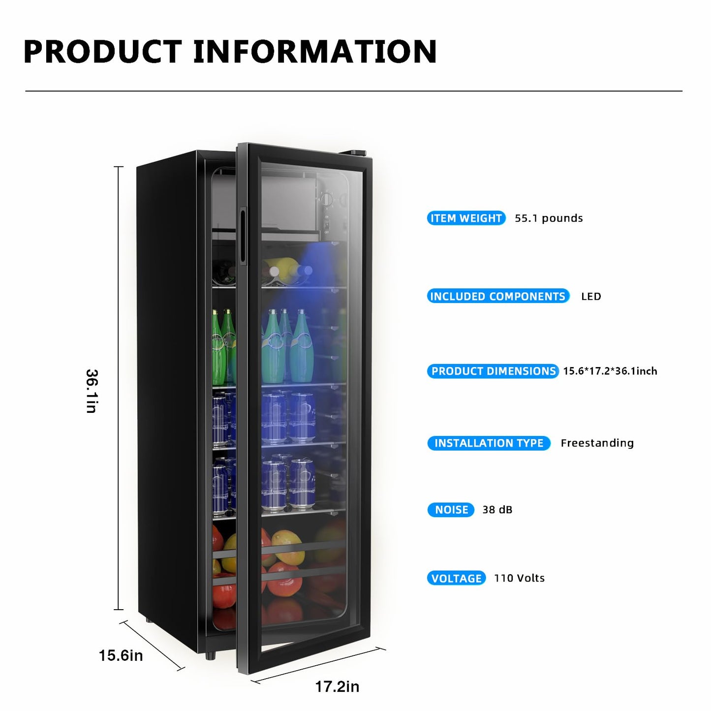 Borcolo Beverage Refrigerator, 180 Can Mini Fridge Glass Door for Soda, Beer or Wine with LED Light, Temperature Control, Compact Mini Bar Adjustable Removable Shelves for Home/Office 4.8 Cu.Ft
