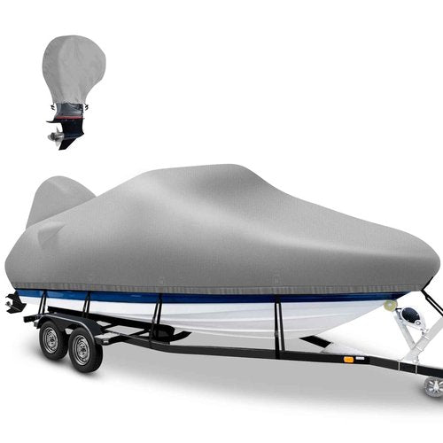 Boatpro 1200D Waterproof Boat Cover with Motor Cover,Solution-Dye Marine Canvas Trailerable Boat Cover 16-18.5ft for 16 feet 17ft 18' Foot V-Hull Bass Boat Tri-Hull Runabout Boat, Gray