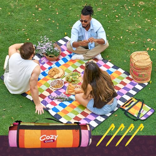 Cozy Club Waterproof Picnic Blanket Foldable Outdoor Mat with Pocket, Stakes & Shoulder Strap | Sandproof, Durable & Porta...